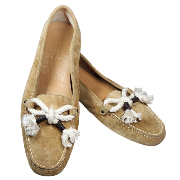 J Crew Loafers Flats Moccasin Suede Leather Bow Tassel Italian Tan Natural 10 - Picture 15 of 15
